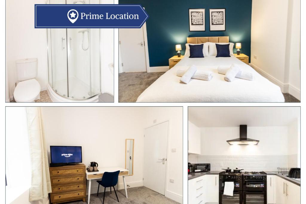 1 dormitorio con 1 cama extragrande y escritorio en Suite 2 - Comfy Spot in Oldham Sociable House, en Oldham