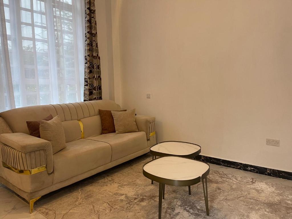 奈瓦沙的住宿－Naivasha Executive studio apartment，客厅配有沙发和2张桌子