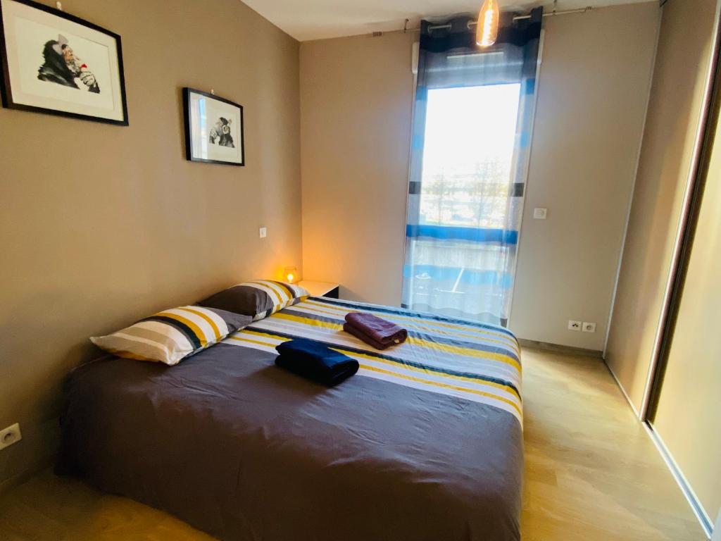 Un dormitorio con una cama con dos bolsas. en Appartement T2 cosy à Rodez, en Rodez
