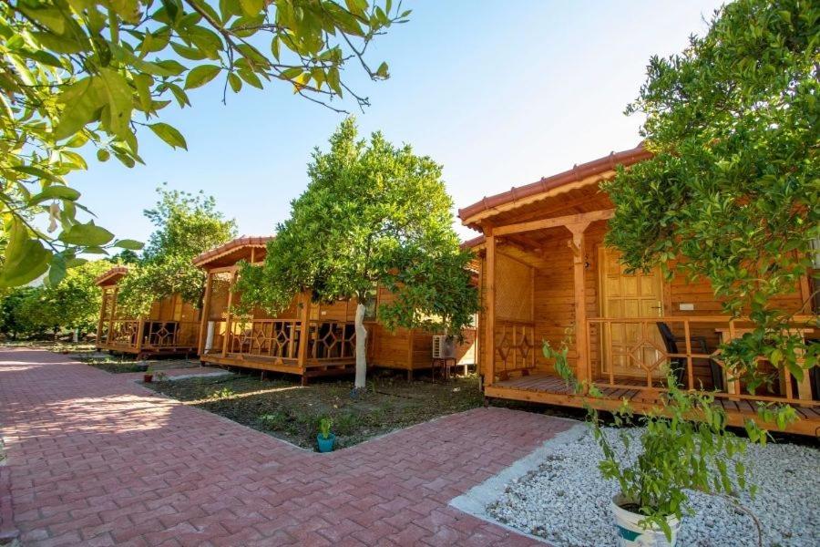 eine Reihe von Holzhäusern mit Bäumen davor in der Unterkunft Eliz Apart & Bungalow in Kumluca