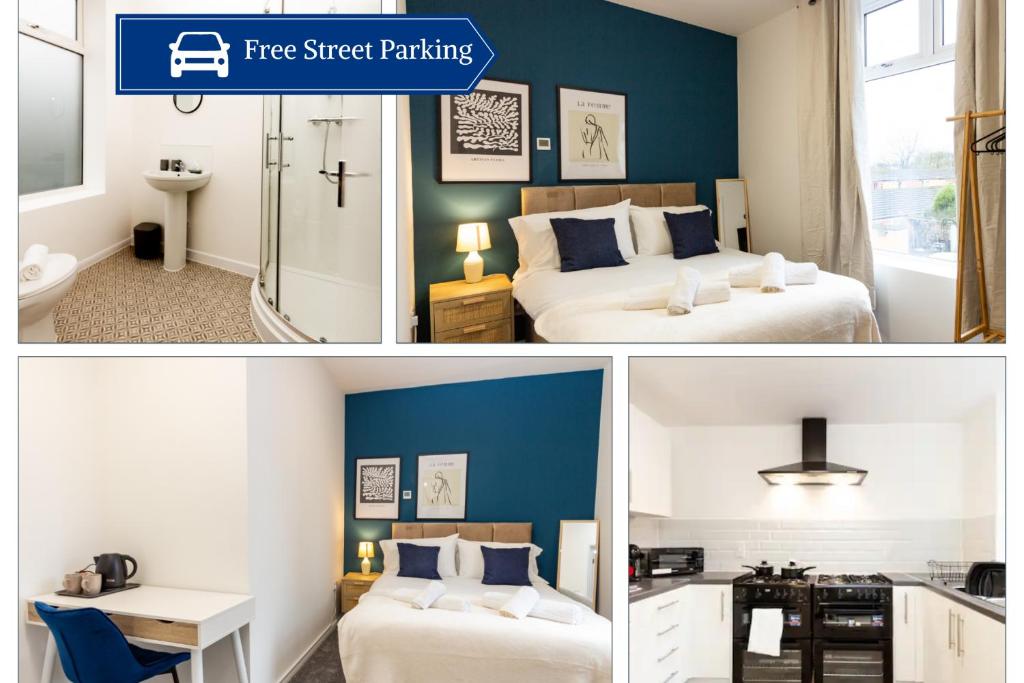 two pictures of a hotel room with two beds at Suite 5 - Stylist Spot in Oldham City Centre in Oldham