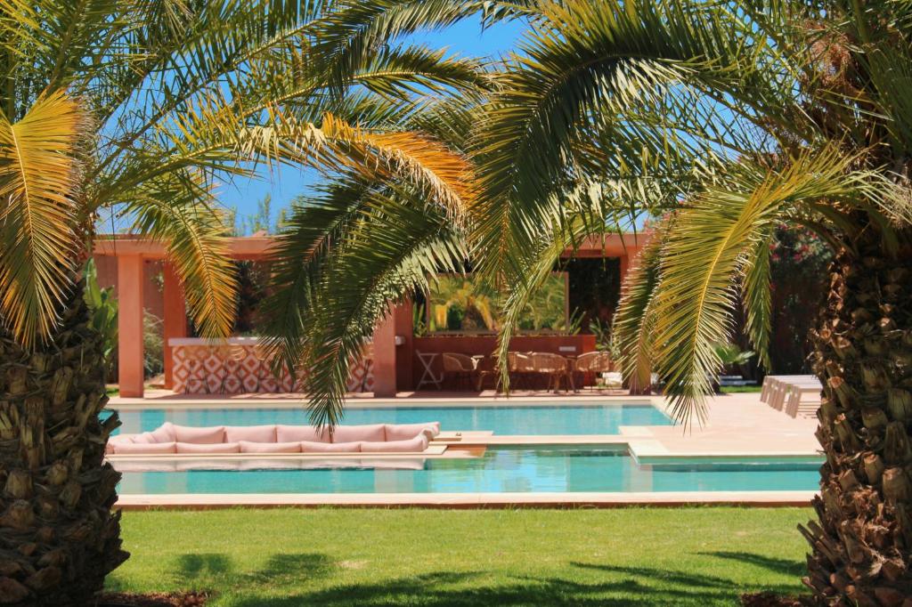 un complejo con piscina y palmeras en Maison Kenoosha, en Marrakech