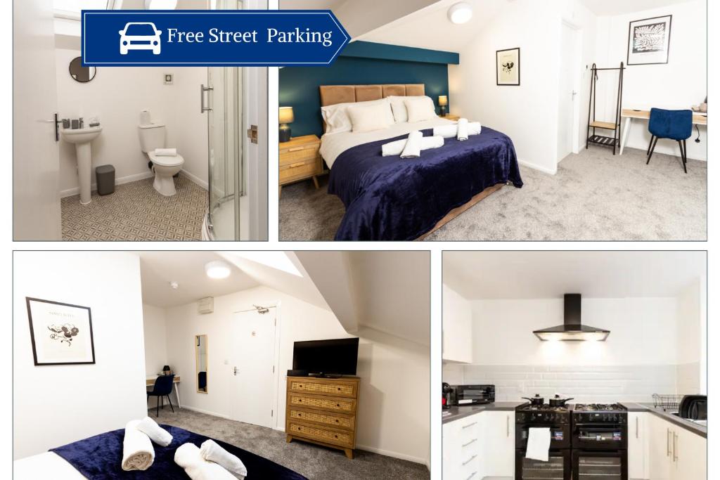 eine Collage mit drei Bildern eines Hotelzimmers in der Unterkunft Suite 6 - Double Room in the Heart of Oldham in Oldham