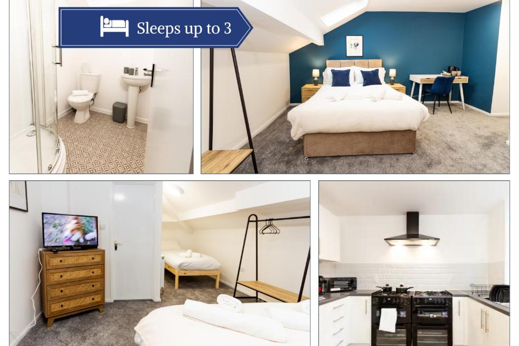 a hotel room with a bed and a desk at Suite 7 - Family Room in the Heart of Oldham in Oldham