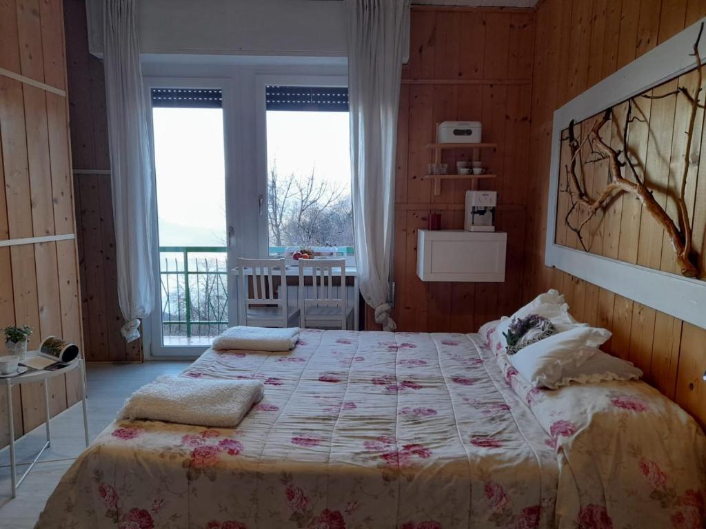 皮索涅的住宿－B&B L'Ortensia，一间卧室设有一张大床和大窗户