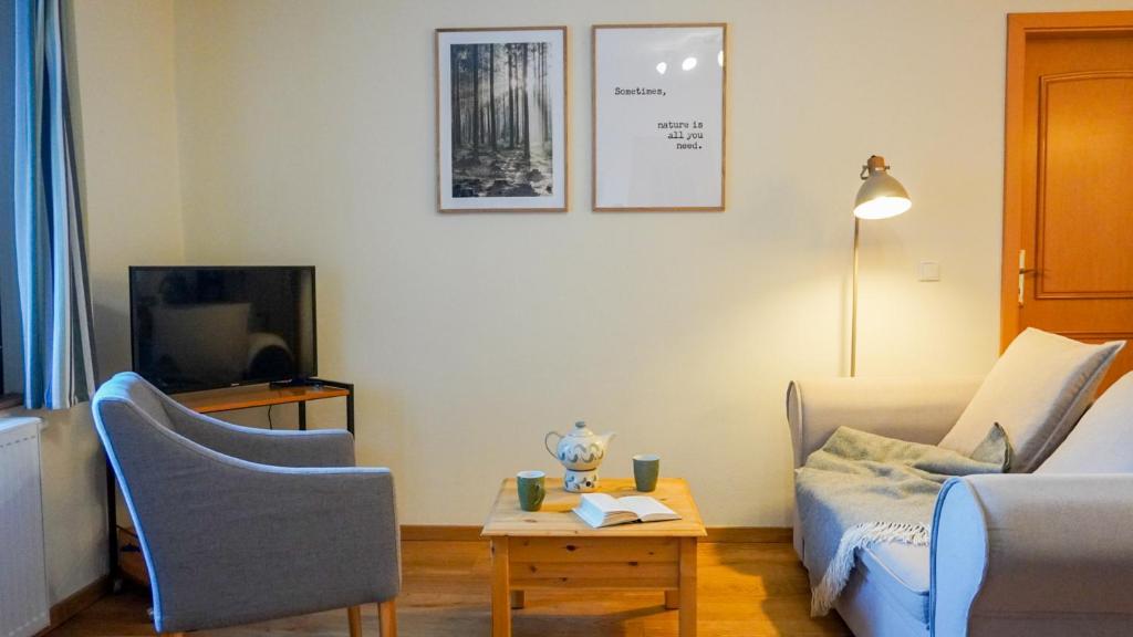 - un salon avec un canapé et une table dans l'établissement Apartment mit Herz im Harz, à Meisdorf