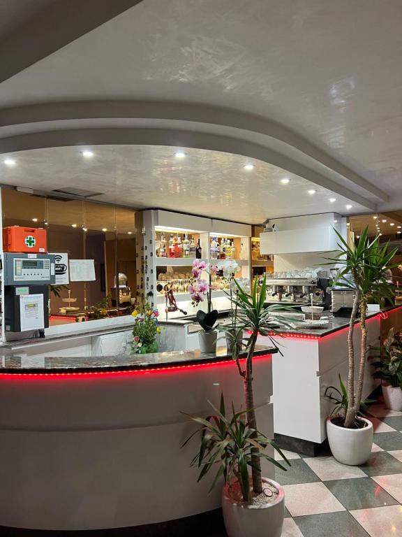 a kitchen with a counter with potted plants at Liston Rimini in Rimini