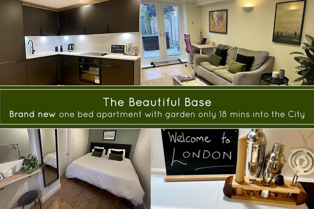 two pictures of a room with a bed and a living room at Chic, Relaxing stay just 18 mins into the City in London