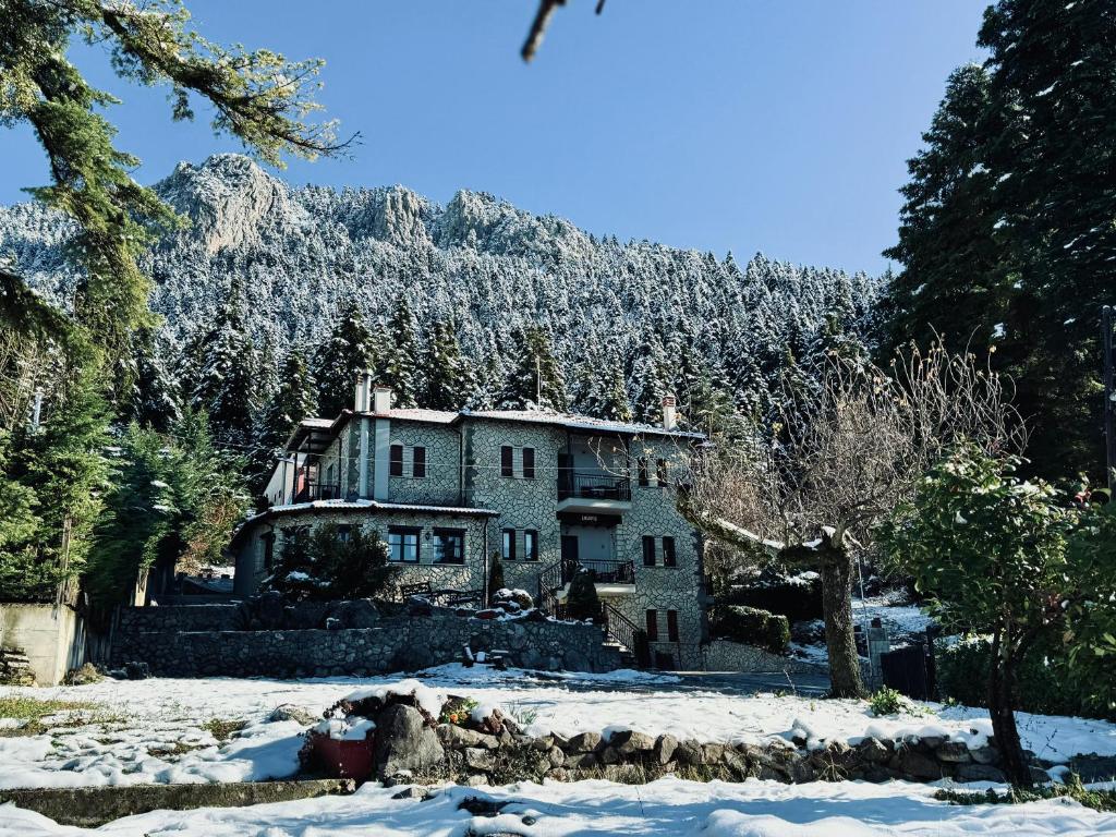 una casa en la nieve frente a una montaña en Hotel Katafigio, en Elati