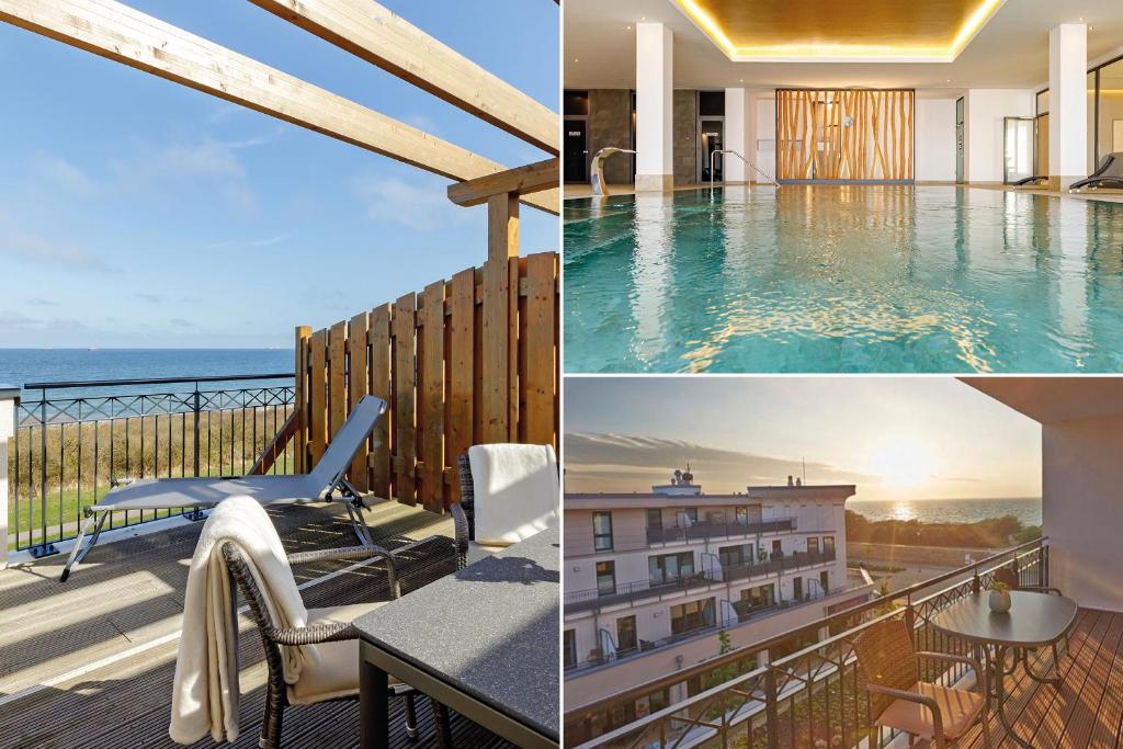a collage of photos of a hotel with a swimming pool at Aparthotel Waterkant Suites - Fewos am Meer mit SPA in Börgerende-Rethwisch