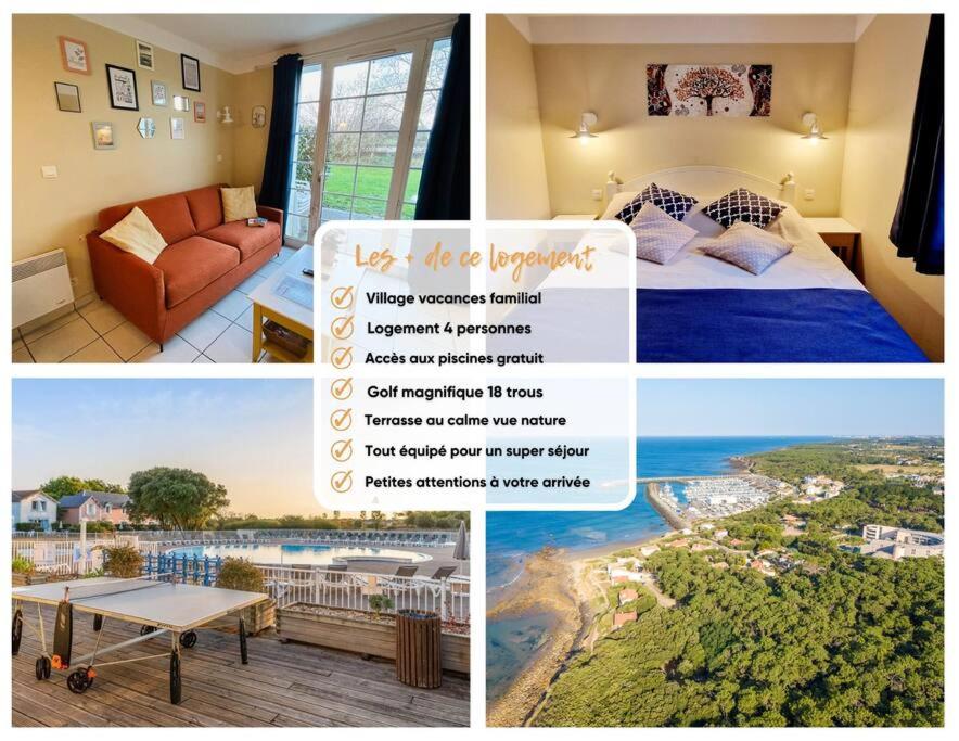 een collage van foto's van een hotelkamer met een bed bij "O'REFUGE" Maison, 4 personnes, au cœur d'un golf 18 trous, accès piscines gratuit in Talmont