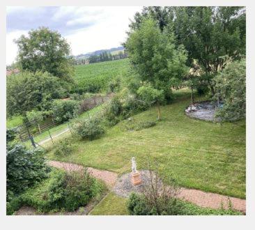 - une vue aérienne sur un jardin avec des arbres et de la pelouse dans l'établissement Monteur-Zimmer Häger, à Spenge