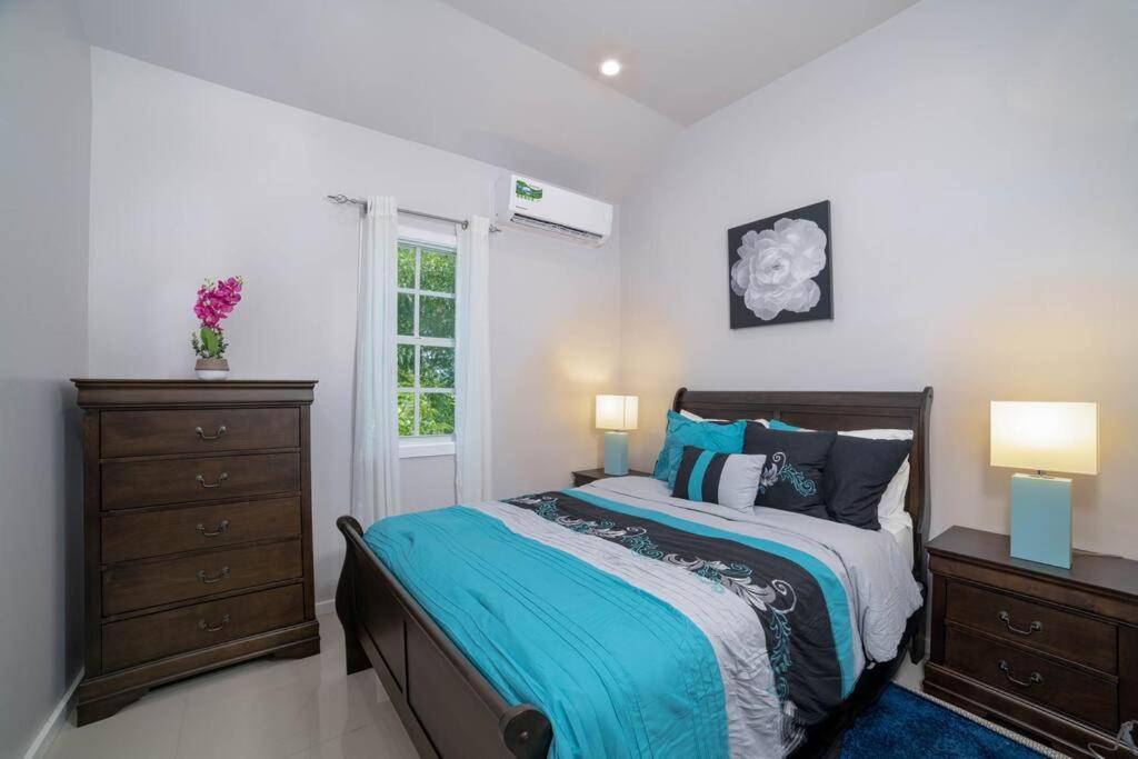Buckleys的住宿－Blue Haven (Mercy's Place)，一间卧室配有一张床、两盏灯和一个窗户。