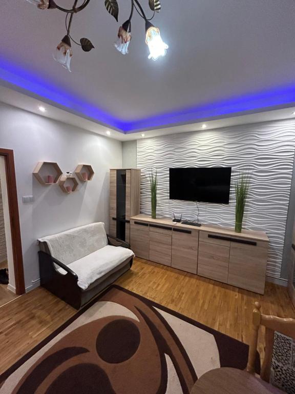 a living room with a flat screen tv on a wall at Apartament REJA CENTRUM in Kętrzyn