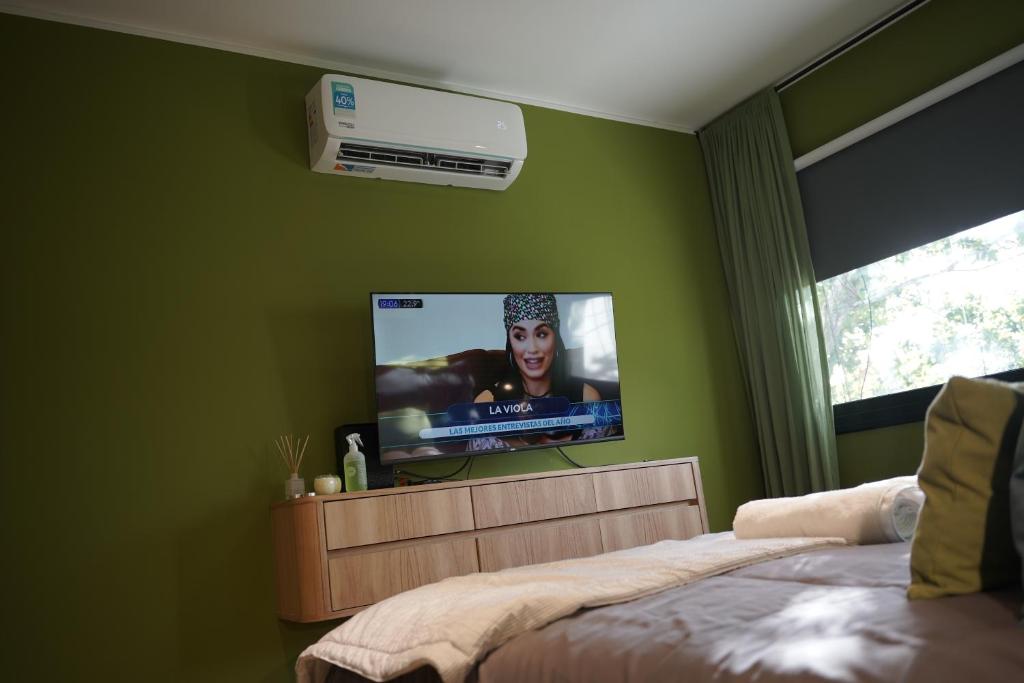 - une chambre dotée d'une télévision à écran plat sur un mur vert dans l'établissement Studio San Martin, à Mendoza