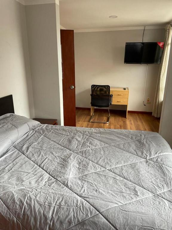1 dormitorio con 1 cama, TV y silla en Hotel Hispano, en Cajamarca
