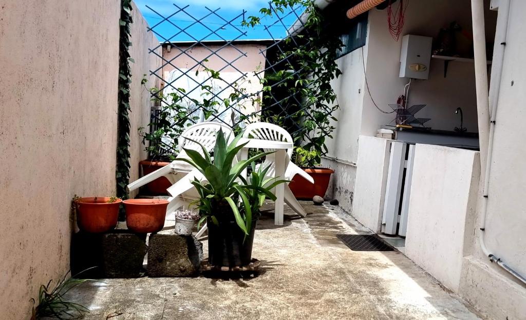 un patio con 2 sillas blancas y una planta en Fare Auti, en Atiue
