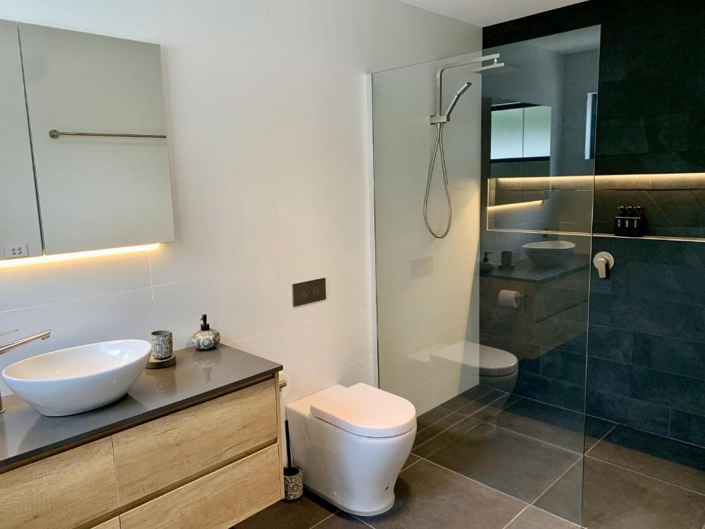 a bathroom with a toilet and a sink and a shower at Erowal Bay Guesthouse Jervis Bay in Erowal Bay