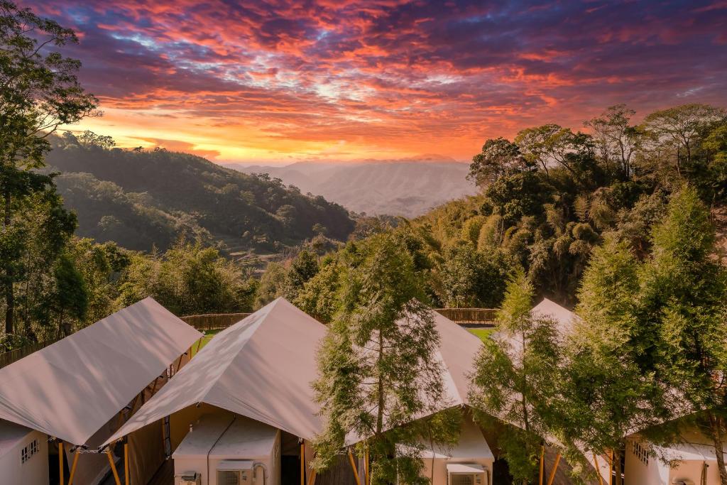 a view of tents in a forest with a sunset at 山上種樹 l 苗栗豪華懶人露營Glamping l 柴燒泡湯 l 可包區森林系狩獵帳 l 牛樟森林休閒農場 in Miaoli