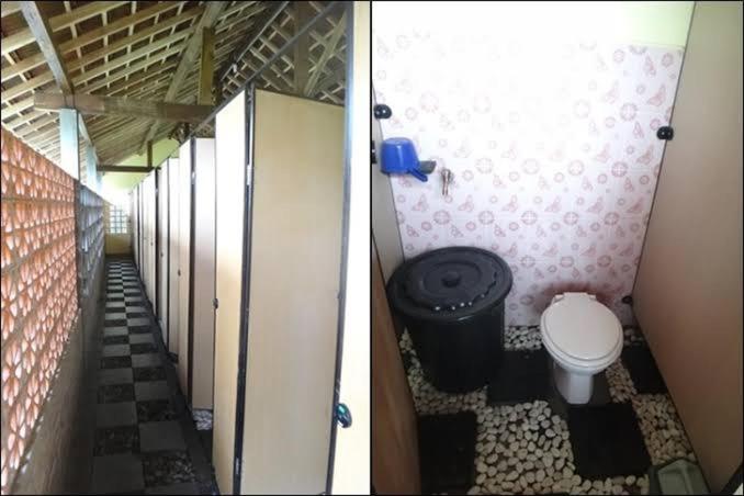 two images of a bathroom with a toilet and a hallway at Exorcism Camp in Bukittinggi