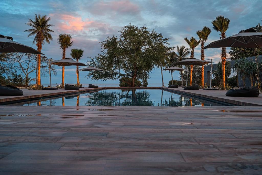 a swimming pool with umbrellas and palm trees at The Funny Lion - Puerto Princesa in Puerto Princesa City