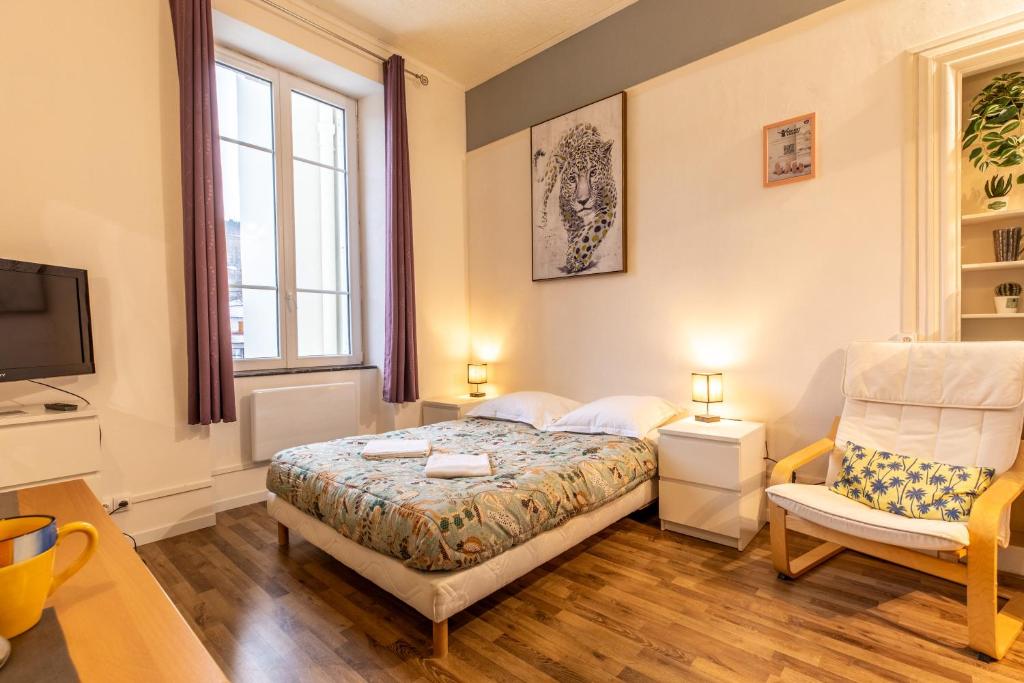 1 dormitorio con 1 cama, 1 silla y TV en Résidence du Parc appartement calme, en Châtel-Guyon