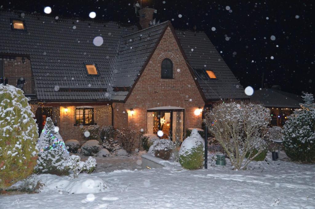 a house covered in snow at night at Holiday, party and relax vila 