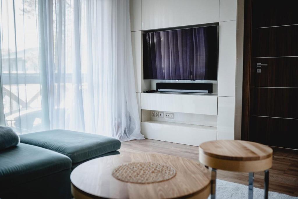 uma sala de estar com um sofá e uma televisão em Rezydencja Park OB7 em Mielno