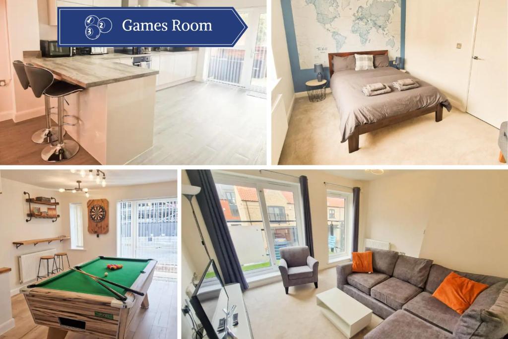 a collage of photos of a bedroom and a room with a pool table at Charming 2BR Townhouse with Games Room in Hull