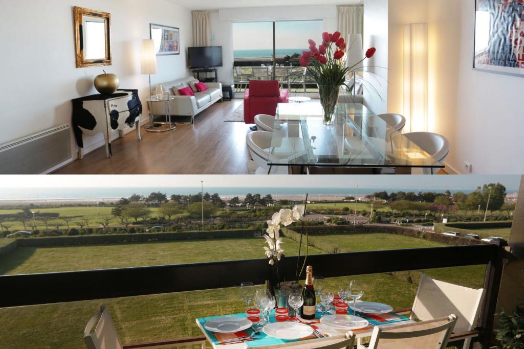 deux photos d'un salon et d'une salle à manger dans l'établissement LE PANORAMIQUE, à Deauville