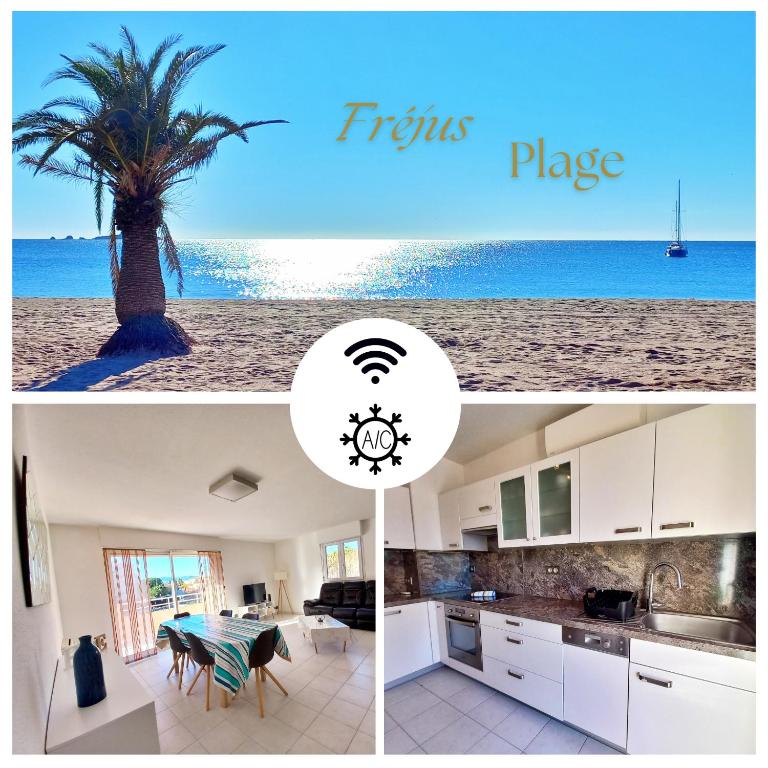 un collage de photos d'une cuisine et d'un palmier dans l'établissement Appartement T4 92M2 pour 6 pers à 400m de la plage, à Fréjus
