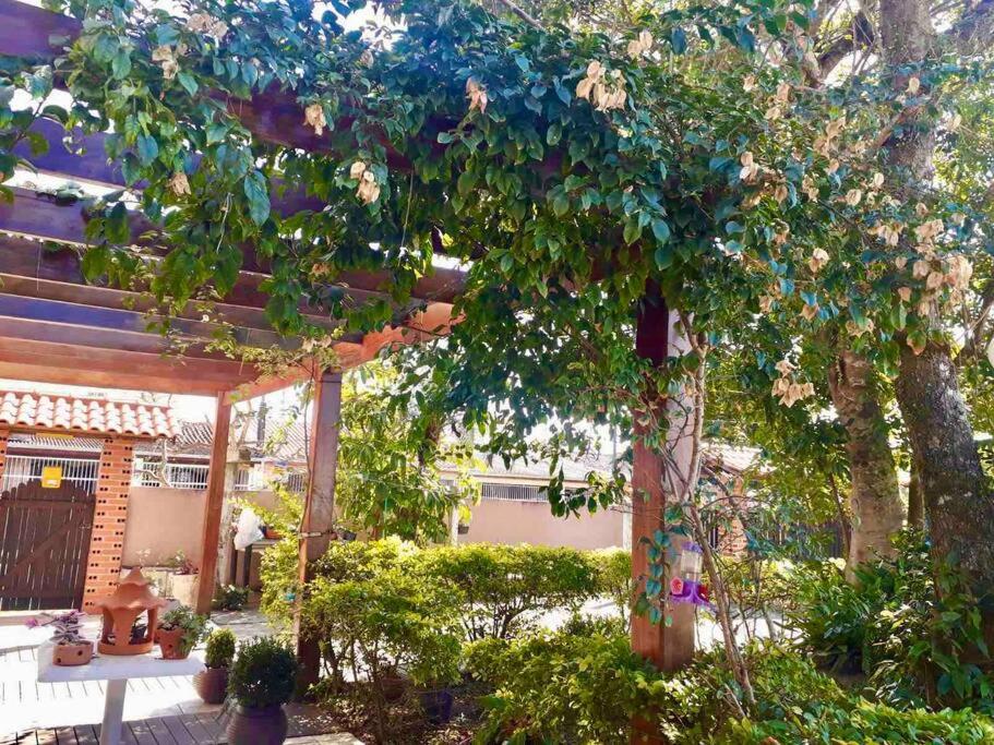 a garden with a tree and a pergola at Sobrado Apartamento de Praia in Pontal do Paraná