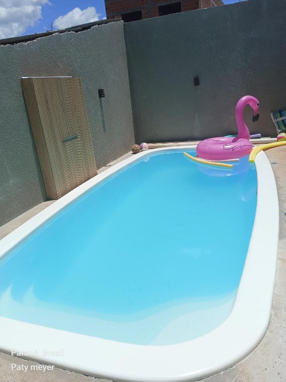 un flamingo rose assis au-dessus d'une piscine dans l'établissement Aluguel sobrado pra show rural, à Cascavel