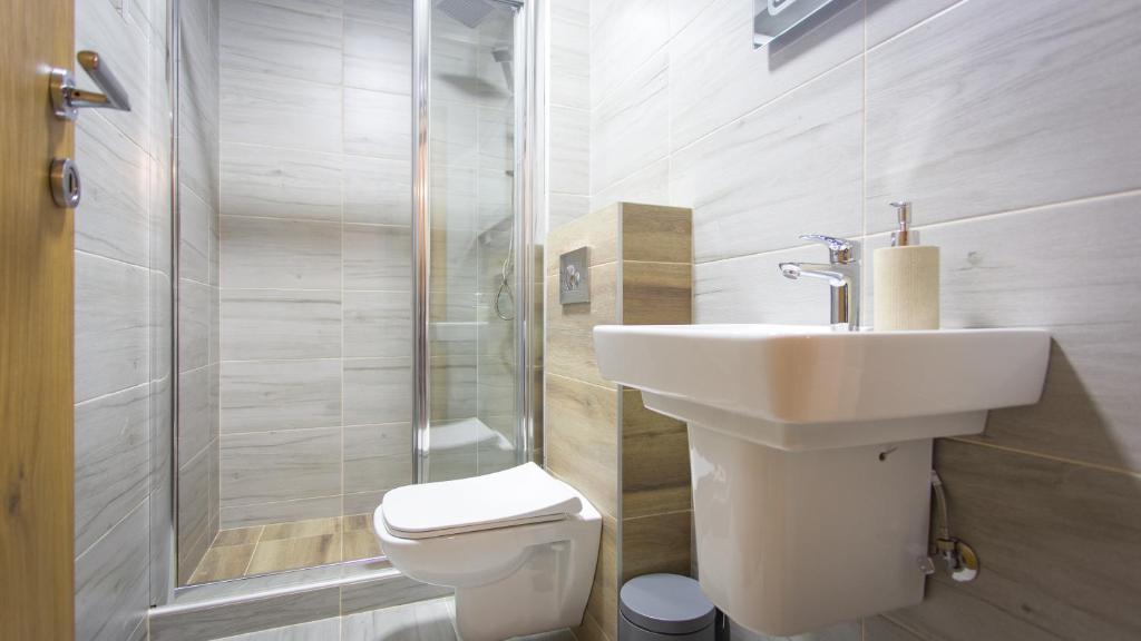 un bagno con wc, lavandino e doccia di Mountain Mirage a Mojkovac
