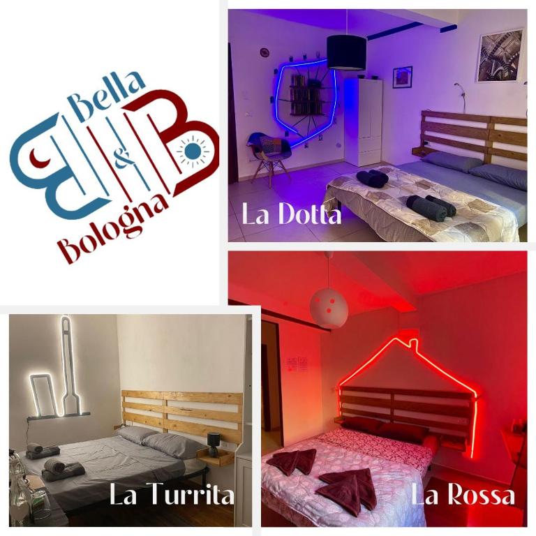 Hotel Bella Bologna, two pictures of a bedroom with red and purple at Bella Bologna in Bologna