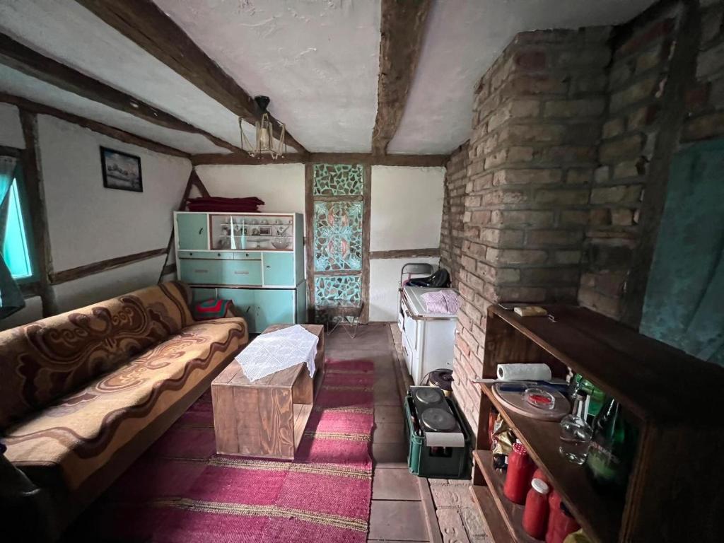 ein Wohnzimmer mit einem Sofa und einem Herd in der Unterkunft Vikendica Pantic in Bijeljina