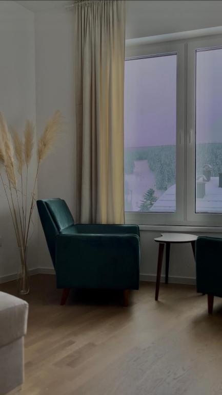 a living room with a green chair and a window at Mountain Dream Bjelašnica in Bjelašnica