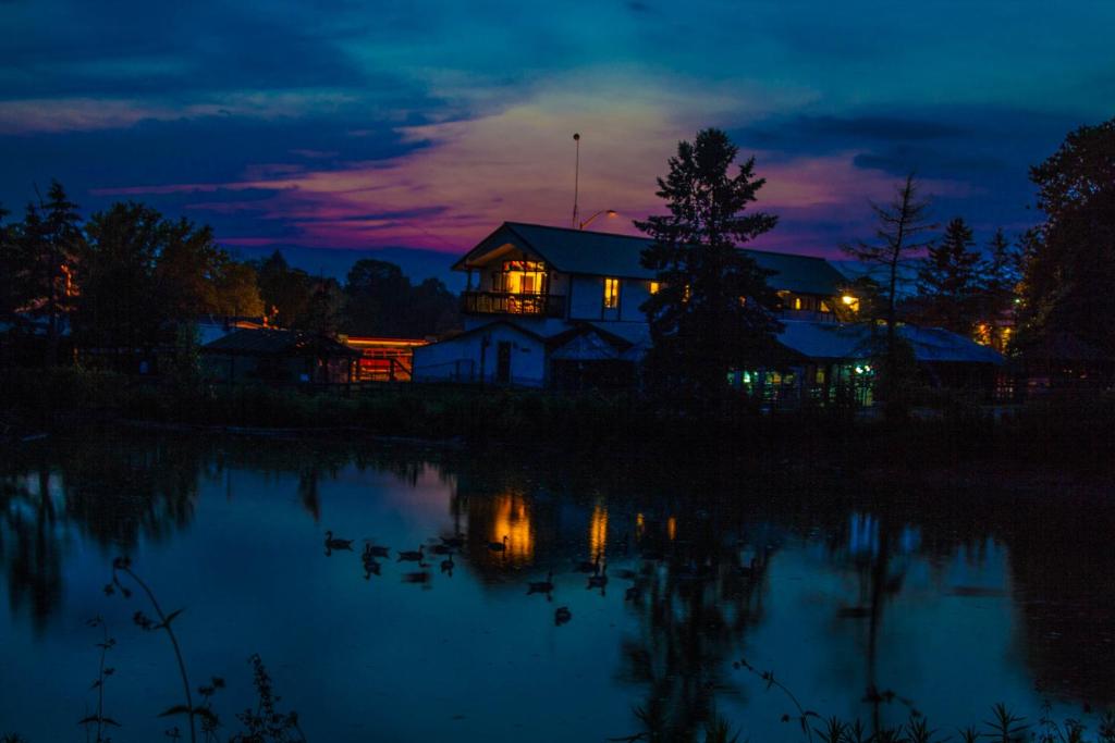 una casa iluminada por la noche junto a un lago en Safari Getaway, en Orono