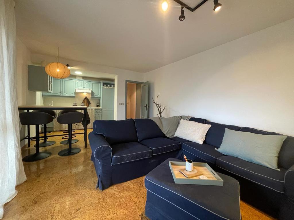 een woonkamer met een blauwe bank en een tafel bij Pacino Jaca in Jaca