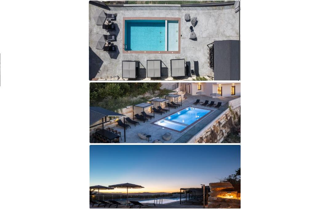 a collage of photos of a house with a swimming pool at Suites Olive Tree Farm Episkopi Village in Episkopí- Rethimno
