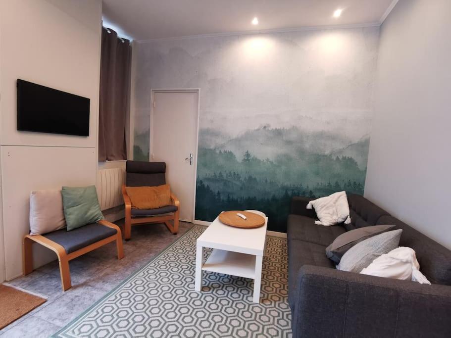 un salon avec un canapé et deux chaises dans l'établissement Logement 4 personnes tout équipé en centre-ville, à Rouen