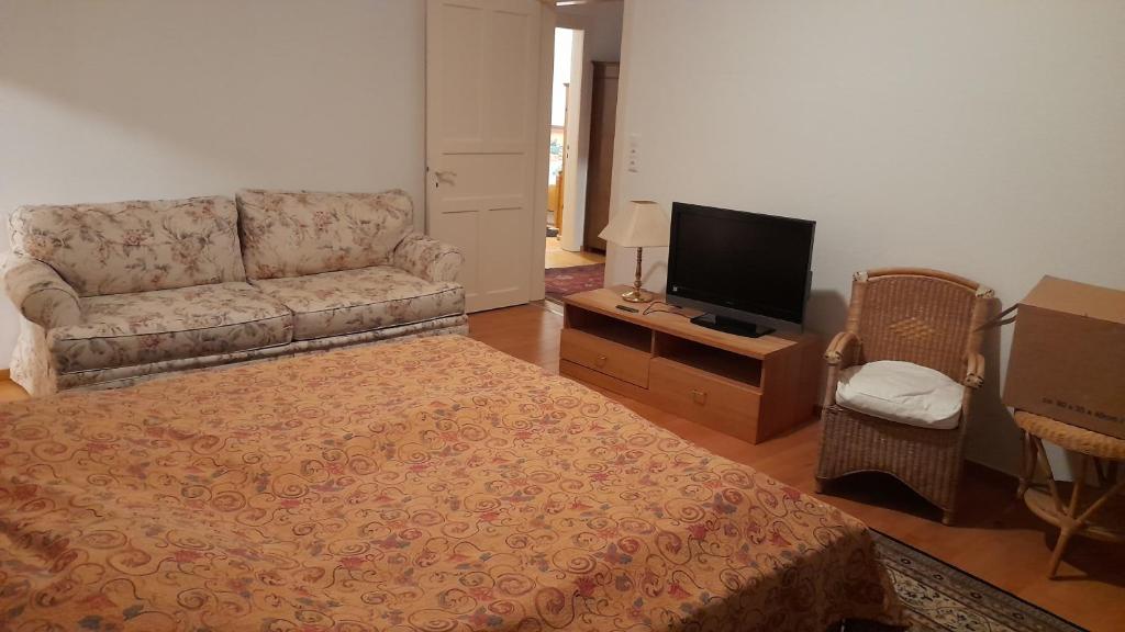 a living room with a bed and a couch and a television at Kurpension Parkfrieden in Bad Pyrmont