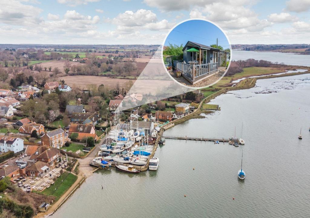 an aerial view of a marina with a house at The Studio in Waldringfield