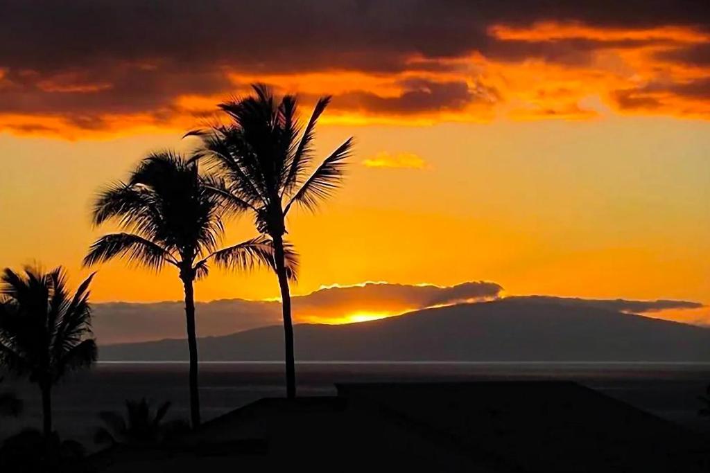 a sunset with two palm trees in front of the ocean at Wailea Ekolu 407 - Renovated, Split AC, Ocean View in Wailea