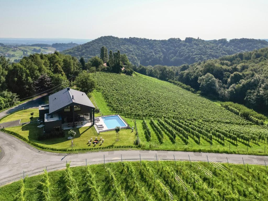 an aerial view of a farm with a house and a pool at Refugium Eckberg in Eckberg