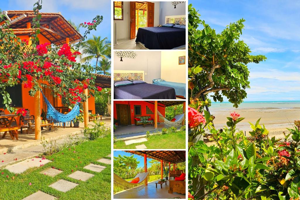 een collage van foto's met bloemen en een huis bij Villa Mar a Vista - Suite Alamanda in Cumuruxatiba