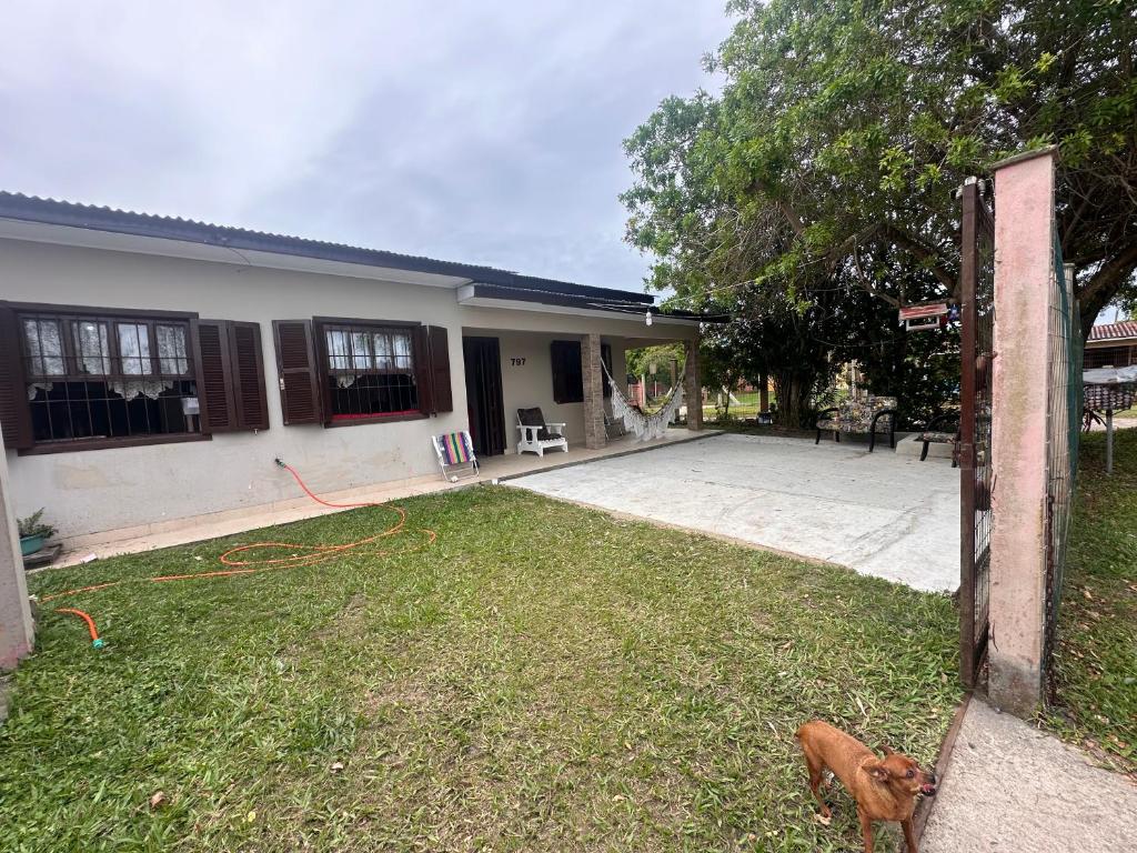 a dog standing in the yard of a house at Casa albatroz Imbé in Imbé