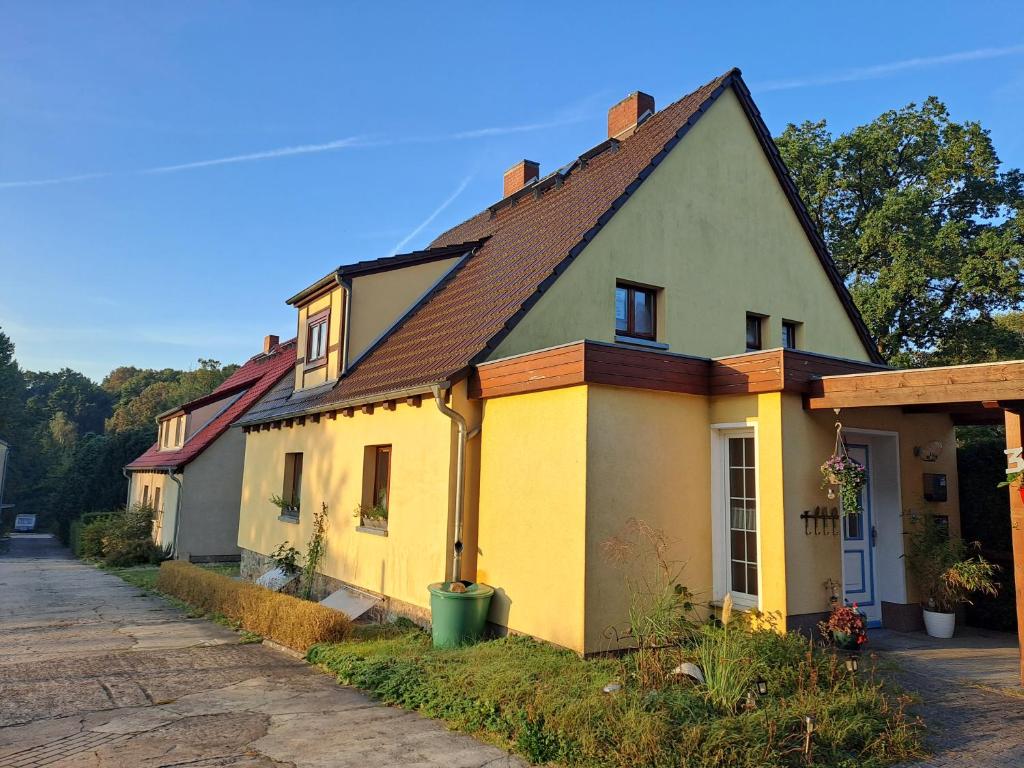 uma casa amarela e branca com um telhado castanho em Unterkunft Mohr em Schmerwitz