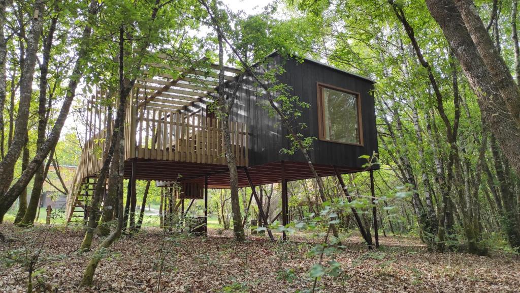 a tree house in the woods with a deck at Cabanas das Chousas in Lugo