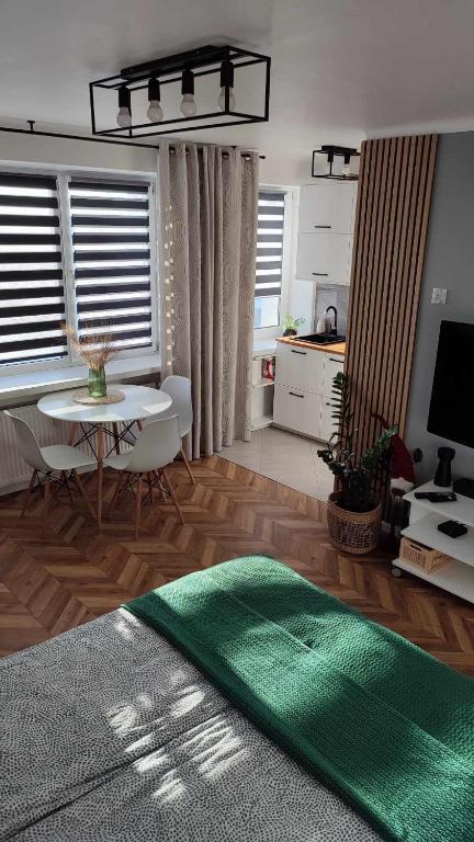 a living room with a table and a green rug at Apartamenty Urban Concept in Zamość